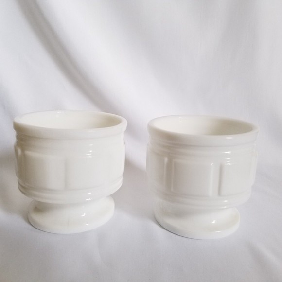 Set of 2 MCM Vintage Milk Glass Jardiniere Block Pattern Pedestal Vases Planters - Picture 2 of 7